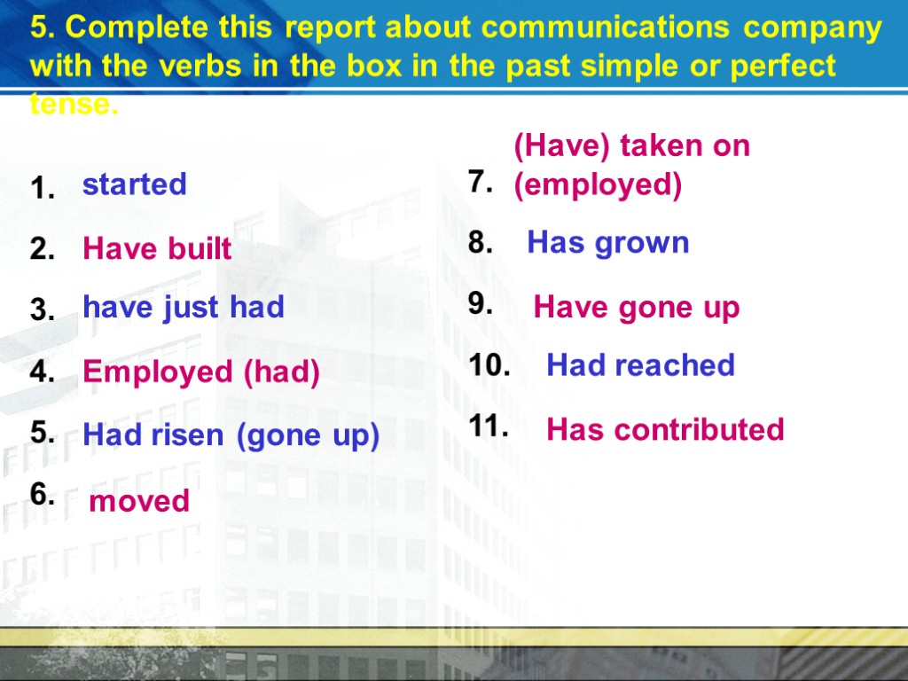 5. Complete this report about communications company with the verbs in the box in